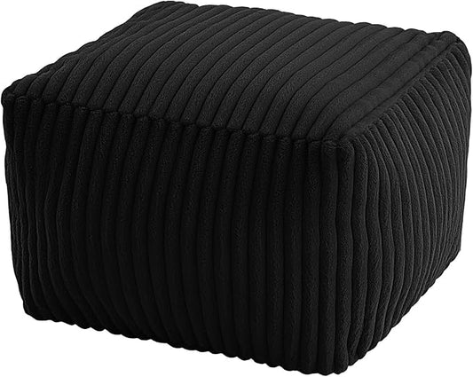 MeMoreCool Square Stuffed Pouf Ottoman Foot Rest, Stripe Furry Floor Pouf Foot Stool with Foam Chunk Filling, Soft Fluffy Stuffed Ottoman Footrest for Living Room, Faux Fur Black
