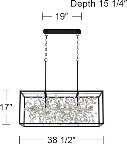 Possini Euro Design Carrine Black Silver Metal Rectangle Linear Pendant Chandelier 38 1/2" Wide Modern Clear Crystal Flower Vine 8-Light Fixture for Kitchen Island Dining Room House High Ceilings