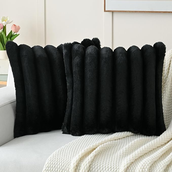 FUTEI Black Decorative Throw Pillow Covers 18x18 Inch Set of 2, Square Soft Faux Rabbit Fur Thick Striped Cushion Cover,Winter Home Decor for Couch Bed Living Room