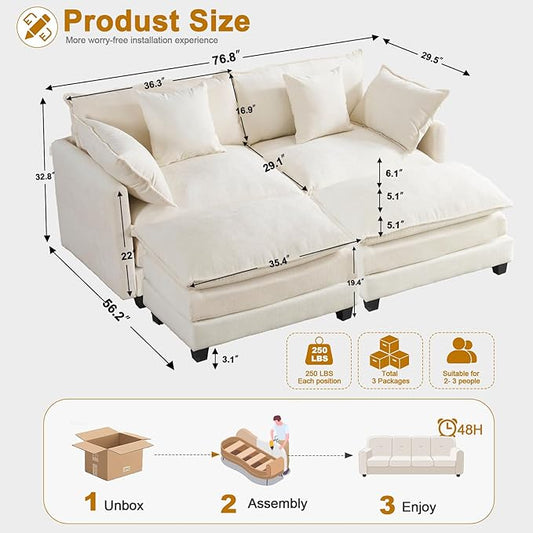 Expandable L-Shaped Sectional Sofa with Ottoman for Apartments, 77" Cloud Chenille Sofa, Create a U-Shape Layout with Optional 2nd Ottoman, Solid Wood Frame, Easy Assembly