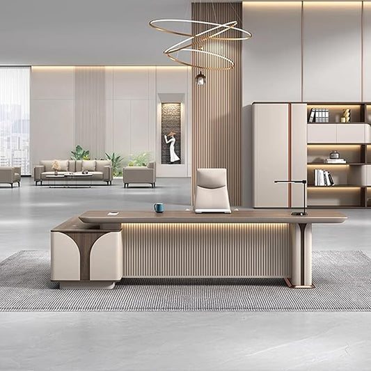 86IN L Shaped Executive Desk - Executive Office Desk with Side Cabinet & Grille Front Baffle & Embedded LED Strip & Mechanical Password Lock & Double-Layer Countertop & Gold Foot Pad