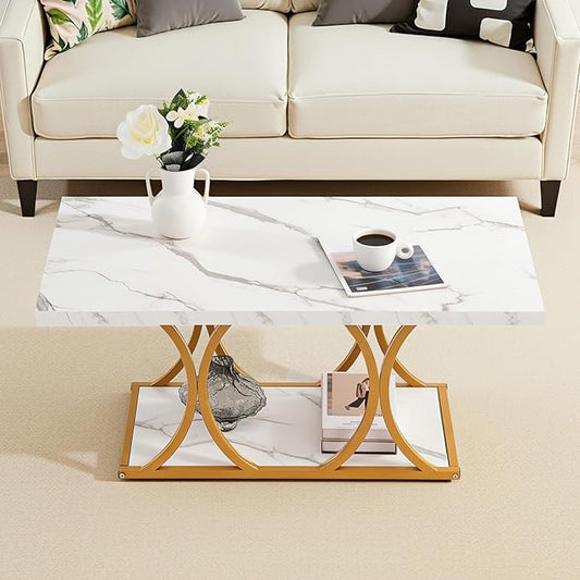 VEVOR Coffee Table, Modern Faux Marble Coffee Table, Large 2-Tier Rectangle Center Desk with Geometric Legs, Minimalist Sturdy Metal Frame Accent End Desk for Living Room, Office, Easy Assembly, White