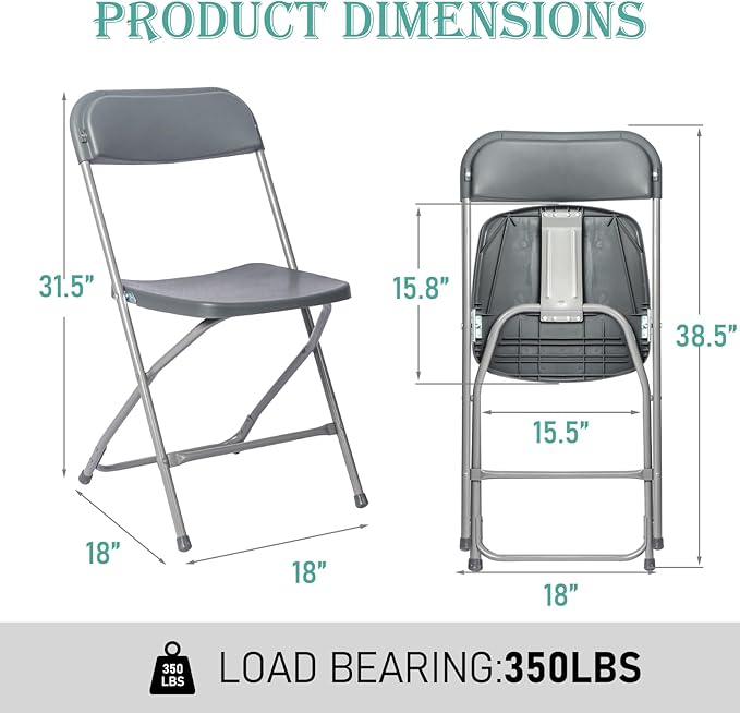 60 Pack Plastic Grey Folding Chairs,Portable Party Chairs Stackable Commercial Seats with Steel Frame for Office Home Outdoor Indoor Wedding Party Patio Dinning Events,350lbs Capacity