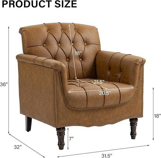 Faux Leather Accent Chair, PU Leather Modern Comfy Upholstered Armchair with Wood Legs & Nailhead Trim for Living Room, Bedroom (Camel,Set of 1)