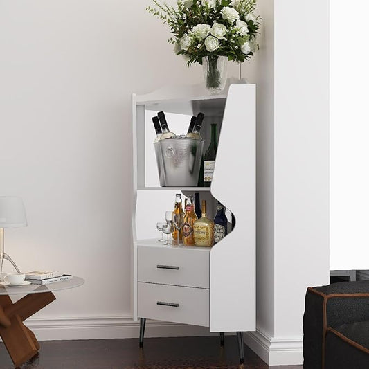 YUNKE Novelty Wooden Cabinet, White Corner Table with 2 Open Shelves and 2 Drawers, Commonly Used in Living Room, Home Office, Study Room and Dinning Room