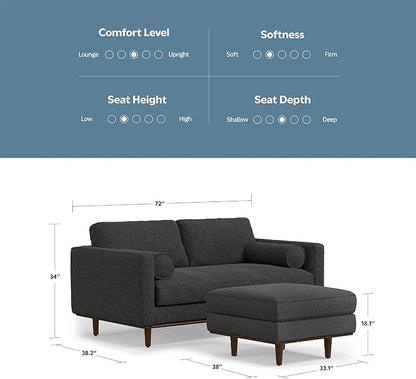 SIMPLIHOME Morrison Mid-Century Modern 72 inch Wide Sofa with Ottoman Set in Charcoal Grey Tightly Woven Performance Fabric for the Living Room and Family Room