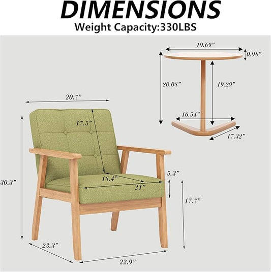 Modern Accent Chair with Wooden Table, Upholstered Linen Fabric Leisure Chair Comfy Side Chair with Backrest Button and Arm Rest for Living Room Bedroom Reading(Green)
