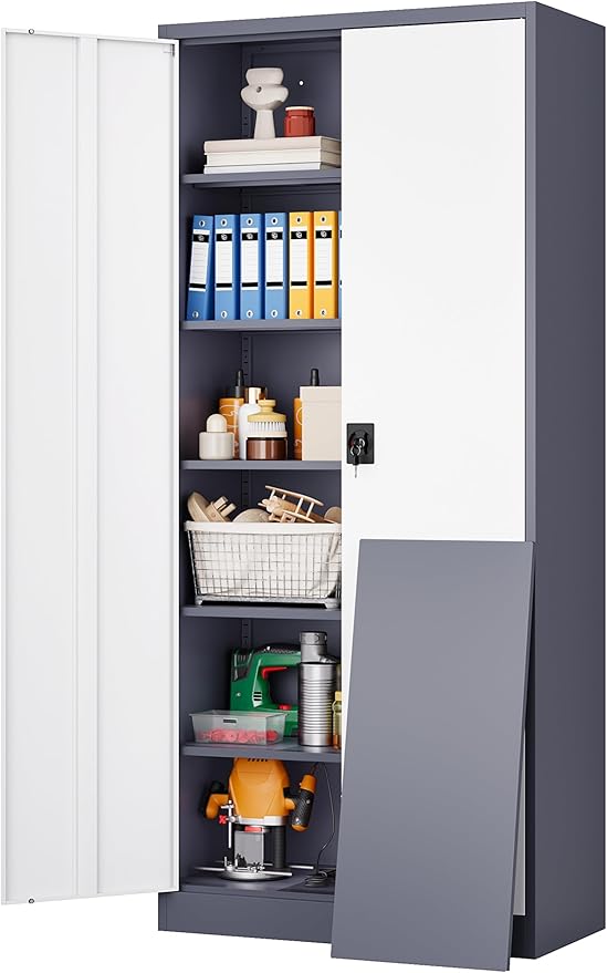Wide & Deep Metal Storage Cabinet with 6 Shelves,72 inch Tall Garage Storage Cabinet with Lock,Gray White Metal Cabinets with Locking Doors,Large Steel Lockable Cabinets for Home,Office,Shop,Garage