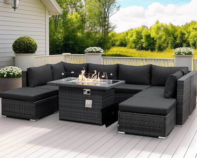 NICESOUL 8 Seater Outdoor Patio Furniture Sectional Sets with Firepits Table Natural Gas Propane, 29.3'' High Back Comfy Wicker Conversation, 9 Piece Deep Wide Modern Modular Sofa for Backyard, Grey