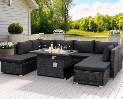 NICESOUL 8 Seater Outdoor Patio Furniture Sectional Sets with Firepits Table Natural Gas Propane, 29.3'' High Back Comfy Wicker Conversation, 9 Piece Deep Wide Modern Modular Sofa for Backyard, Grey