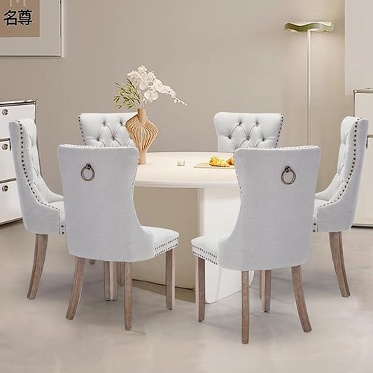 Linen Upholstered Dining Chairs Set of 6, Modern Style Kitchen Side Chairs with Nailhead Trim and Wood Leg, Metal Pulling Ring for Dining Room Living Room(Beige,Set of 6)
