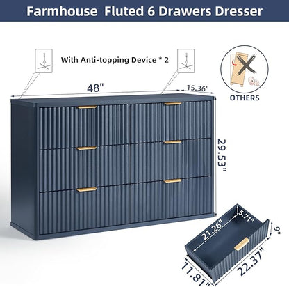 LEYAOYAO Fluted 6 Drawers Dresser Set of 2, 48" Wide Modern Chest of Drawers with Woodgrain Top, Curved Profile Design, Dresser TV Stand, Wood Drawer Organizer for Bedroom, Living Room, Hallway,Blue
