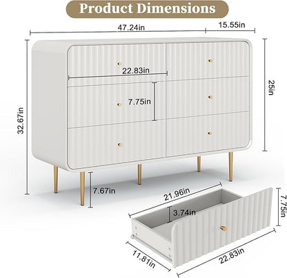 HLR White Dresser for Bedroom,48'' Wide Wood Chests of Drawers,Modern Fluted 6 Drawer Dresser with Gold Metal Handles,Clothes Deep Drawer Dressers Storage for Living Room,Hallway