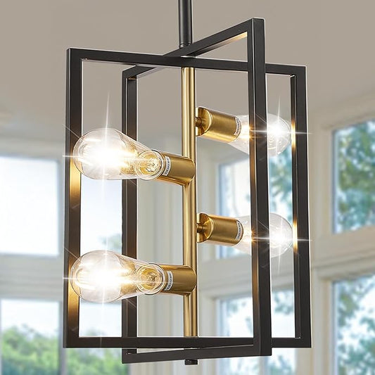 Black and Gold Chandelier Light Fixture: 4-Light Farmhouse Kitchen Island Lighting, Geometric Dining Room Light Fixtures, Rustic Industrial Entryway Chandelier, for Living Room, Bedroom, Foyer