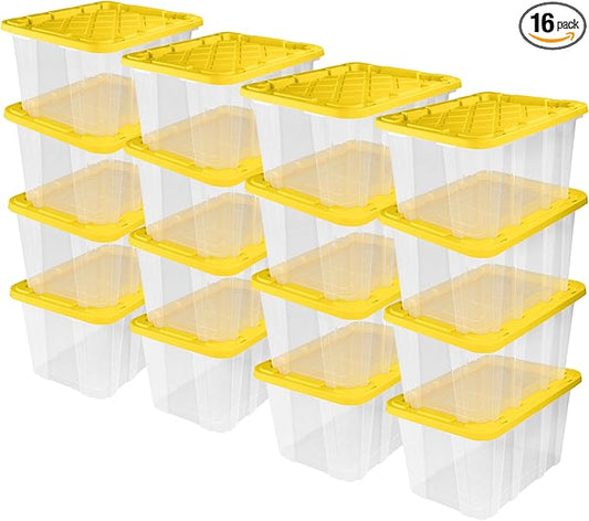 Sterilite 16-Pack Industrial Storage Box, Clear Plastic Organizer Bins with Handles, 27 Gallon, Yellow - Stackable Container Boxes for Bedroom, Bathroom, Garage, and Office Organization