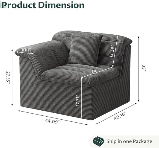 44" Cloud Sectional Couch with Single Arm, Modern Compressed Sofa, Comfy Sleeper Sofa, Corduroy Upholstered Couches for Small Space/Apartment, No Assembly Required, Dark Gray, Left Side