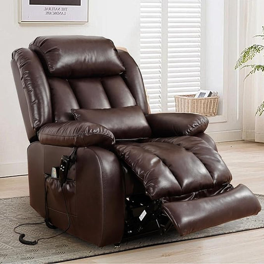 MAEVIS Large Genuine Leather Lift Recliner Chairs, Dual Motor Lift Chiars Recliner for Elderly,Extended Footrest and Lumbar Pillow for Tall Man,Heating and Massage, USB and Type-C Ports(Brown)