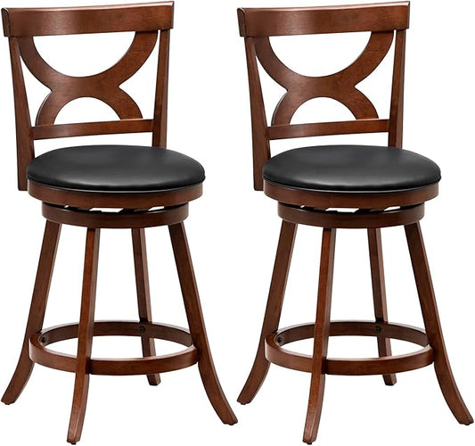 COSTWAY Bar Stools Set of 2, 24'' 360-Degree Swivel Chairs with Soft Cushion & Elegant Hollow Backrest, Rubber Wood Footrests, Upholstered Swivel Counter Stools for Kitchen Island, Pub, Café (2, 24‘’)