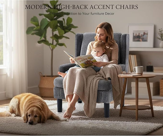 Modern Accent Chair for Living Room Chairs Upholstered Oversized Reading Chair Accent Chairs Set of 2 Living Room Chair Arm Chair with High Back and Wood Legs,Armchair Comfy Chair for Bedroom(Grey)