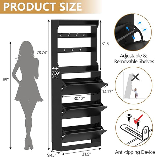 Tall Shoe Cabinet with Coat Rack, Hidden Shoe Storage Cabinet with Doors & Drawer, Hanging Bar & Hooks, Slim Narrow Freestanding Shoe Rack Organizer for Entryway, Hallway & Living Room, Black