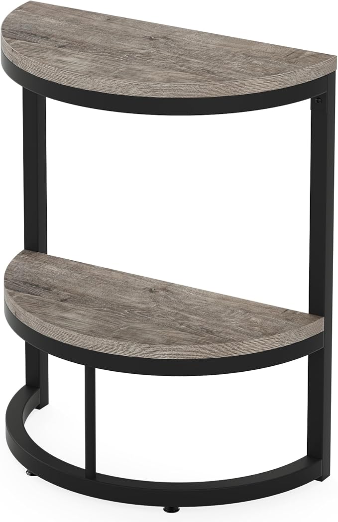 Tribesigns 2-Tier End Table Semi Circle, Small Half Round Side Table with Storage Shelf, Wood Accent Table Slim C Table for Sofa Couch, Living Room, Bedroom, Easy Assembly, Rustic Grey & Black