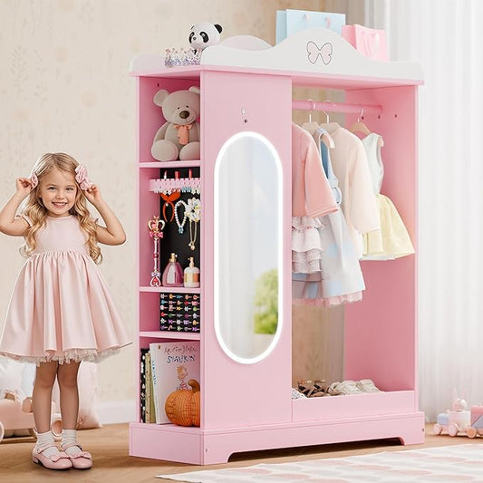 Xilingol Kids Armoire with a Jewelry Cabinet, Princess Dress Up Closet with Mirror, Kids Wardrobe Closet with Storage Shelves, Armoire Costume Organizer for Bedroom, Kids Room, Girl (Pink)