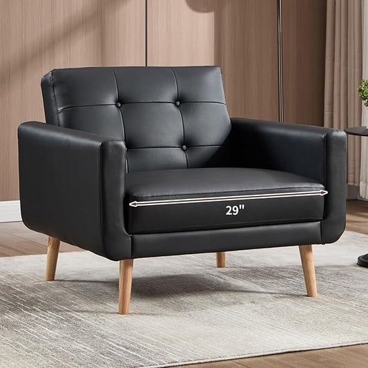 CANMOV 29" W Oversized Leather Accent Chair, Armchair Button Back, Mid Century Modern Accent Chairs for Living Room, Modern Upholstered Bed Room Chair Cozy Armchair with Wood Legs, Black