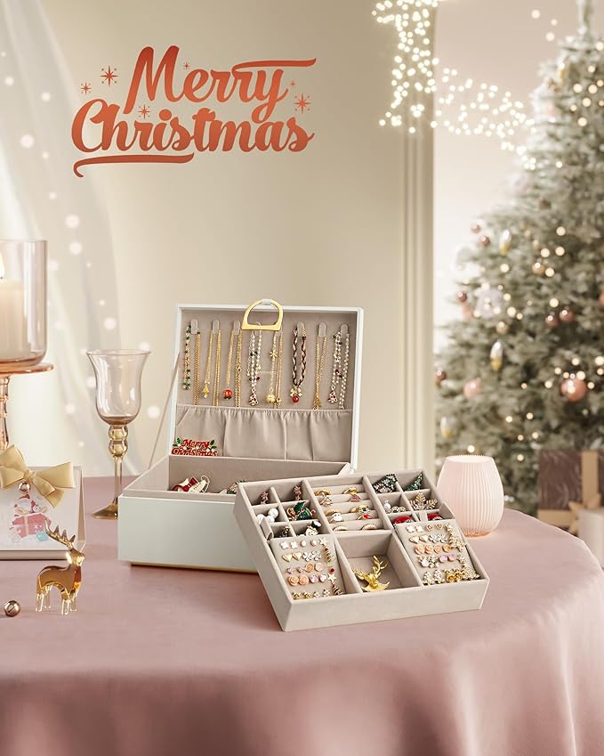 SONGMICS 2-Layer Jewelry Box, Jewelry Organizer with Handle, Removable Jewelry Tray, Jewelry Storage, Floating Effect, 8.1 x 9.4 x 4.3 Inches, Christmas Gift, White UJBC165W01