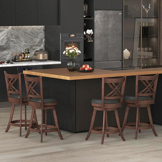 COSTWAY Bar Stool Set of 4 for Kitchen Island, Swivel Upholstered Counter Height Barstools with PU Surface, Rubber Wood Frame, 360° Rotatable Seat, Curved Back, Sturdy Footrest (4, 24" Seat Height)