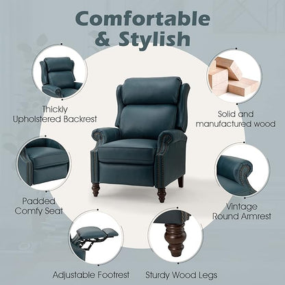 HULALA HOME Genuine Leather Recliner Chair, Traditional Manual Pushback Comfy Seating for Living Room, Thick Cushion & Solid Wood Legs, Wingback Recliner with Nailhead Trim, Turquoise