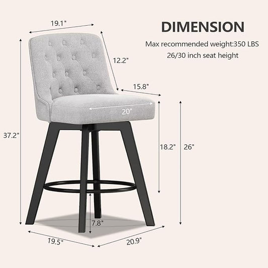 MINCETA Bar Stools Set of 4, 26 Inch Upholstered Barstools with Low Tufted Back and Footrest, Swivel Counter Height Barstools for Kitchen Island Home Bar Performance Fabric Greige