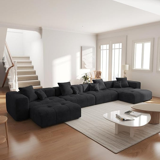 JACH 183.5 Inch U-Shaped Modular Sectional Sofas, Modern 4-Seater Couch with Chaise Ottomans, Mid Century Modern Sectional Couches, Cozy Sleeper Sofa for Living Room (Linen Fabric, Black)