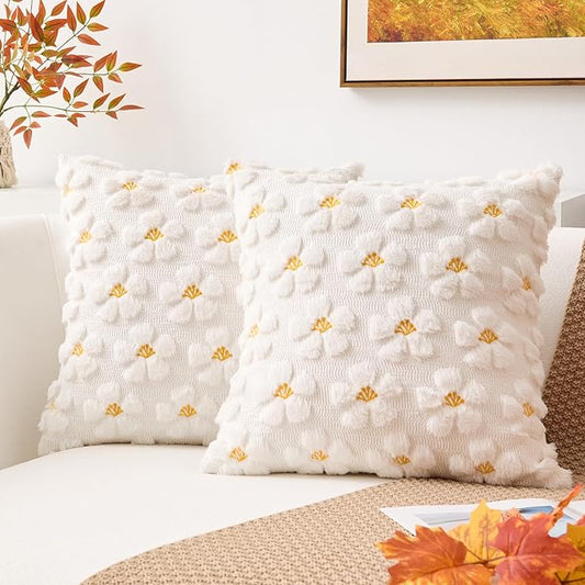 Kevin Textile Fall Floral Pillow Covers 18x18 Inch Set of 2 Cute Flowers Embroidery Decor Soft Plush Faux Fur Throw Pillows Pillowcases for Holiday Harvest Decor Sofa Couch Bedroom, Cream White