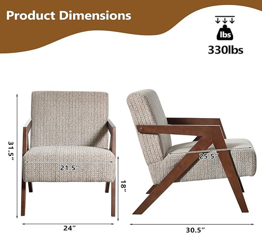 Bonzy Home Mid-Century Modern Accent Chair Set of 2 with Solid Wood Frame, Upholstered Armchair for Bedroom & Living Room, Reading Side Chair with Soft Lien Fabric Cushion,Easy Assembly,Light Grey