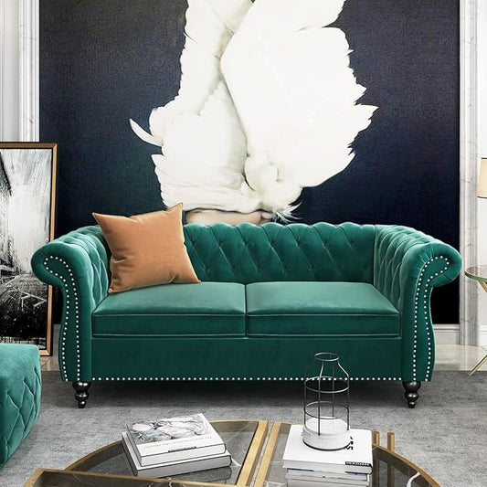 Chesterfield Loveseat Sofa, Modern Velvet Small Sofa Couch 2 Seater with Rolled Arms and Nailhead, Mid Century Modern Loveseat Couch for Small Spaces Living Room Bedroom Apartment, Green