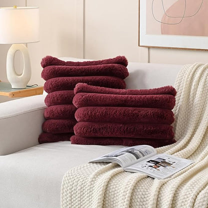 FUTEI Christmas Burgundy Decorative Throw Pillow Covers 20x20 Inch Set of 2, Square Soft Faux Rabbit Fur Thick Striped Cushion Cover,Winter Home Decor for Couch Bed Living Room
