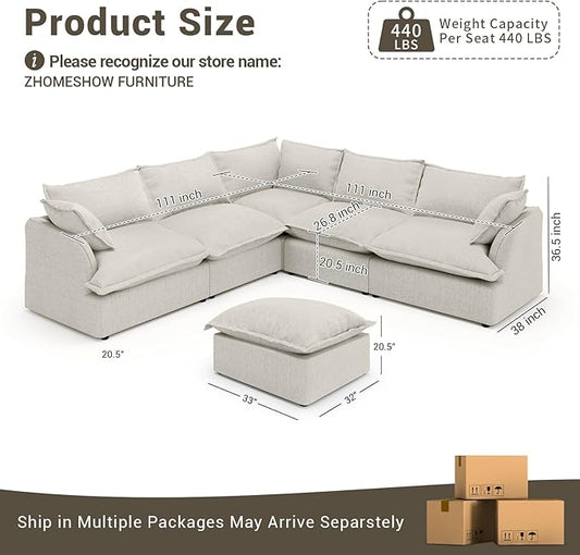 Oversized Cloud Modular Sectional Sofa, Comfy Down Filled Cloud Couch with Removable Cover, V Shaped 5 Seat Couch with Ottoman, Deep Seat Sectional Couches for Living Room, Light Gray