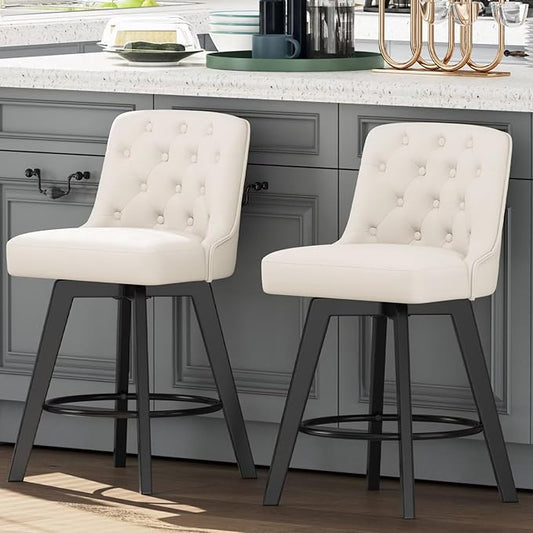 MINCETA Bar Stools Set of 2, PU Leather Barstools, 26 Inch Upholstered Counter Stools with Low Tufted Back and Footrest, Swivel Counter Height Barstools for Kitchen Island Home Bar White