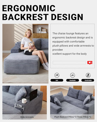 95 Inch Cloud Sectional Couch,Modular Sectional Sofa with Deep Seat,Modern Corduroy Boneless Couches with L-Shape Chaise for Living Room Bedroom,No Assembly Required (Grey, Left Facing Chaise)