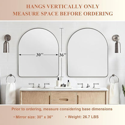 ANDY STAR Arched Mirror, 30 x 36 Inch Brushed Nickel Wall Mirror in Stainless Steel Metal Frame, Arch Top Rounded Corner 1 Inch Deep Set Design Wall Mount Hangs Vertical
