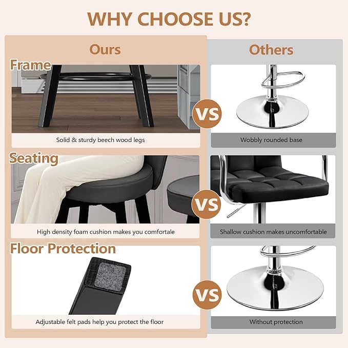 MINCETA Bar Stools Set of 4, PU Leather Barstools, 26 Inch Upholstered Counter Stools with Backrest and Footrest, Swivel Counter Height Barstools for Kitchen Island Home Bar Dark Gray