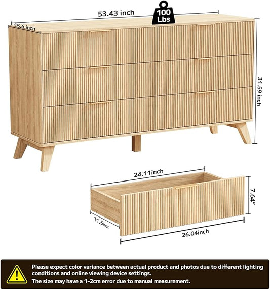 Fluted Dresser with 6 Drawers, 53.43 Inch Wood Double Dresser with Metal Handles Curved Design Wide Storage Organizer Cabinet Modern Chest Dressers for Bedroom Living Room Entryway(Oak)