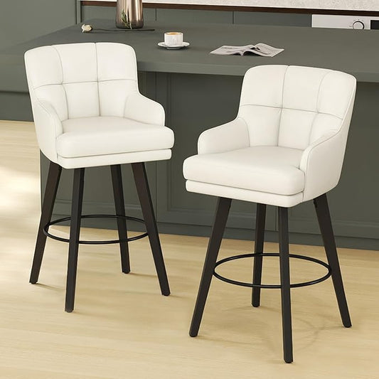 360°Swivel Counter Height Bar Stools with Back, 30 inch Solid Wood Legs, Bar Stool Modern Kitchen Island Chairs, Faux Leather (Beige- Faux Leather, 30" H- Set of 2)