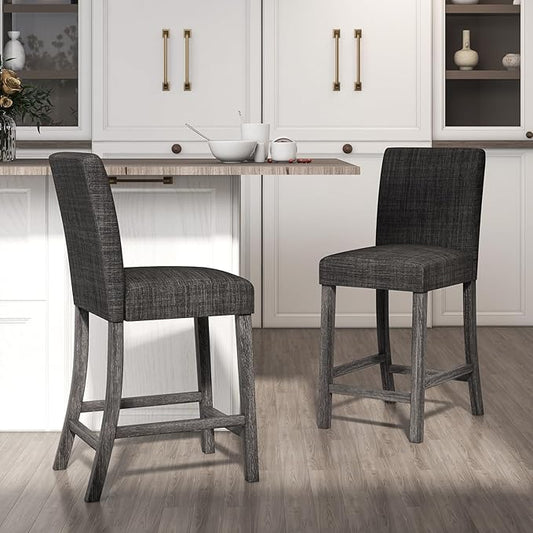 COSTWAY Upholstered Counter Height Stools Set of 2, Bar Stools w/Ergonomic Backrest, Solid Wood Frame, 24.5” Fabric Counter Height Chairs for Kitchen Island, Dining Room, Pub (Grey)