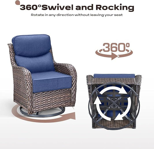 Rilyson Wicker Outdoor Patio Furniture Set - 6 Piece Patio Conversation Sets with Swivel Rocker Chairs, Ottomans, Sofa and Coffee Table, 6 inch Cushions, Deep Seating, for Porch Deck Brown/Blue