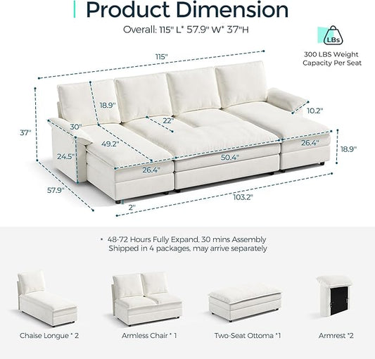 LINSY HOME Sleeper Sofa Bed, 115" Modular Sectional Sofa Bed with Double Layer Cushious, Comfy Cloud Sofa Couches for Living Room, Apartment, Home Theater, Beige