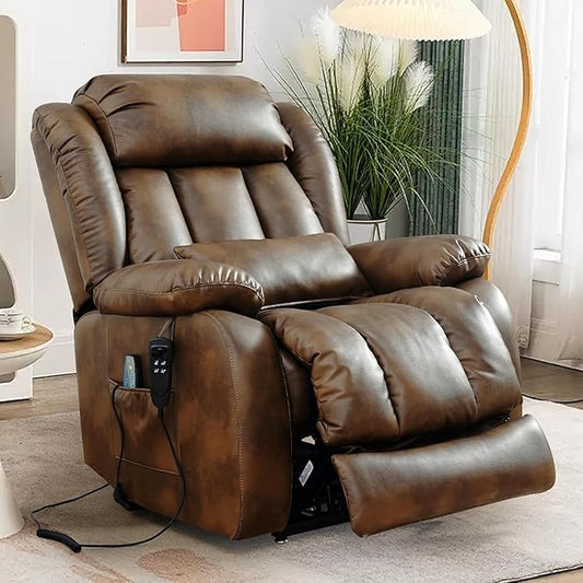 EDILLY Large Genuine Leather Power Lift Recliner Chair for Elderly, Dual Motor with Massage and Heating,with Double Lumbar Cushion and Extended Footrest,USB Port and Remote(Ocher)