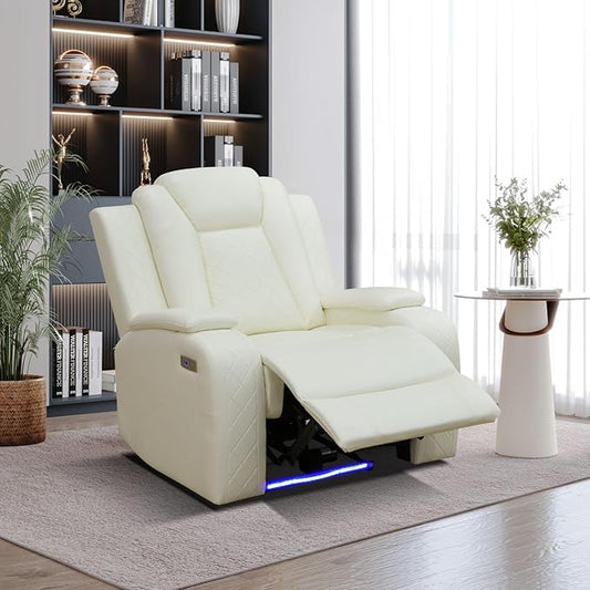 Power Recliner with LED, Creamy White Leather Reclining Chair for Living Room, Recliner Chair with Storage Armrest/USB Ports for Living Room/Bedroom/Office