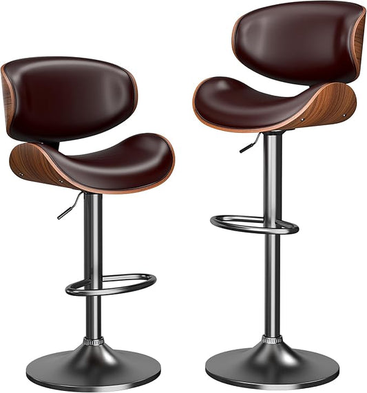 Bar Stools Set of 2, Bar Stools for Kitchen Island with Bentwood Back and Leather Seat, Swivel Barstools for Kitchen Counter, Bar, Brown
