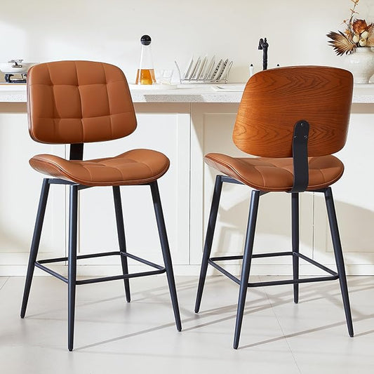 Mid Century Modern Bar Stools Set of 2 for Kitchen Island,Upholstered Brown Faux Leather Counter Height stools,26 Inch Counter stools with Walnut Grain Back